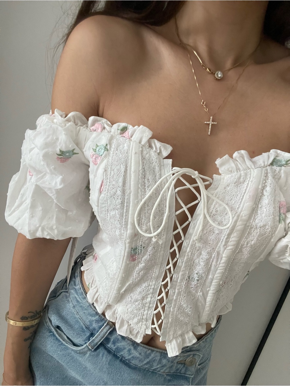 For love and lemons White lace up corset top with floral embroidery